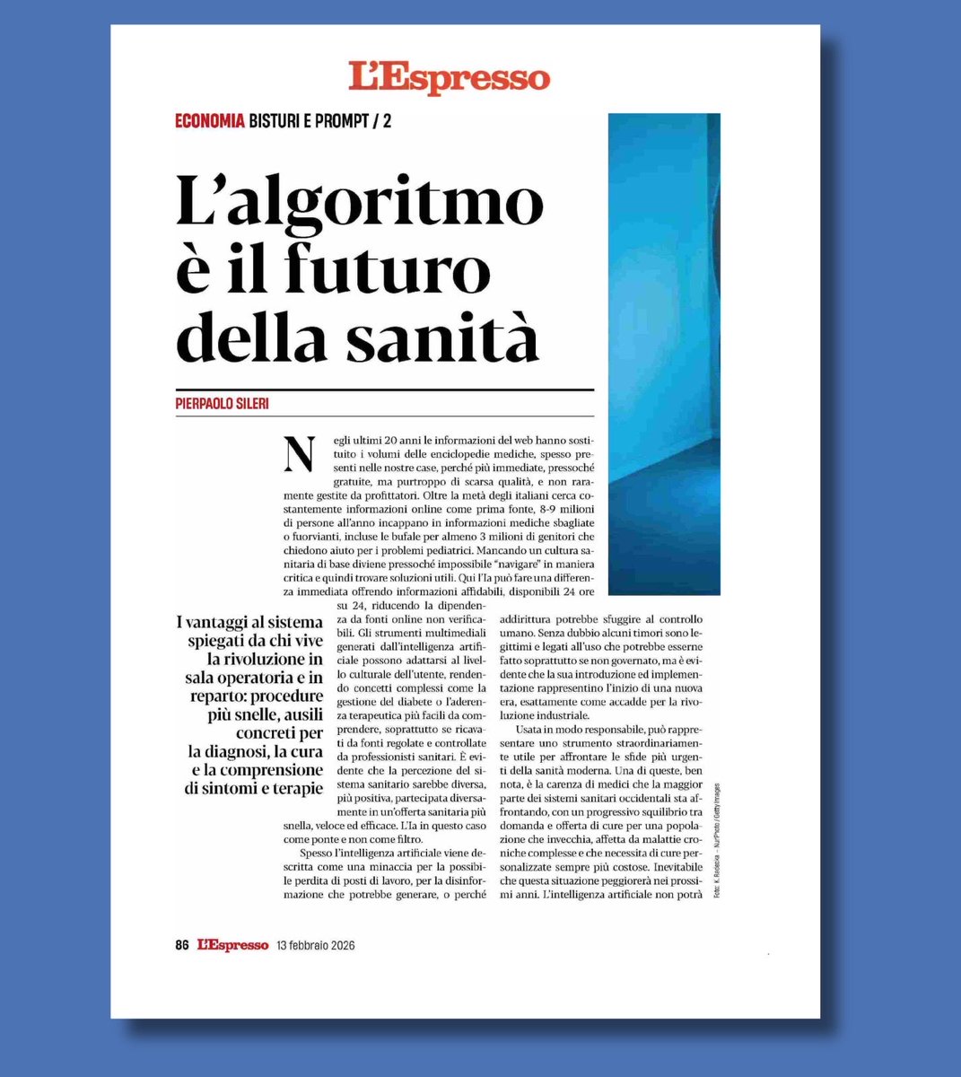 piersileri's tweet photo. L’algoritmo è il futuro della sanità. Meno burocrazia, diagnosi più accurate, chirurgia più sicura. L’IA non sostituisce il medico: rende la quotidianità più efficiente.
Ne scrivo su L’Espresso.

#IntelligenzaArtificiale #Sanità https://t.co/qr7XwdxCjb