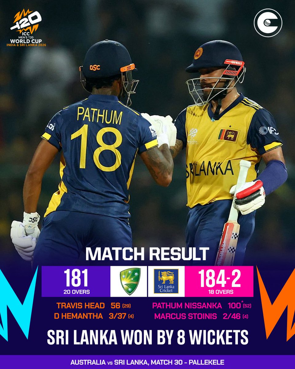 circleofcricket's tweet image. Pathum Nissanka struck the first hundred of the tournament as Sri Lanka defeated Australia by 8 wickets to qualify for the Super 8s.

#T20WorldCup #SLvAUS