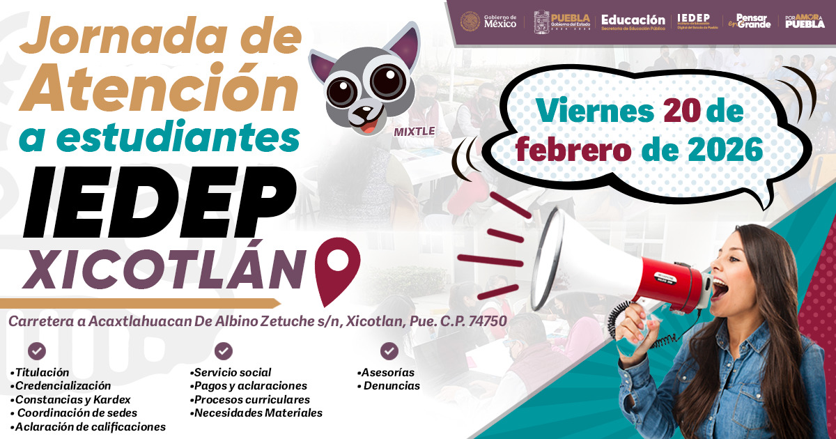 ¡Ya estamos en Xicotlán! 🤝🎓
Te esperamos para brindarte orientación y atención directa en trámites   académicos, pagos y más.
 🕘 9:00 a.m.
Acércate, estamos listos para atenderte y #PensarEnGrande #PorAmorAPuebla   de la mano del <a href="/Gob_Puebla/">Gobierno de Puebla</a> ✨