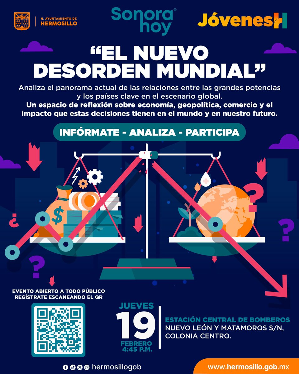 🗣️Te invitamos a ser parte de este espacio de análisis y reflexión donde hablaremos sobre el panorama global actual y su influencia en nuestro entorno.

🗓 Jueves 19 de febrero
⏰ 4:45 p.m.
📍 Estación Central de Bomberos (Nuevo León y Matamoros S/N, Col. Centro)

#JóvenesH