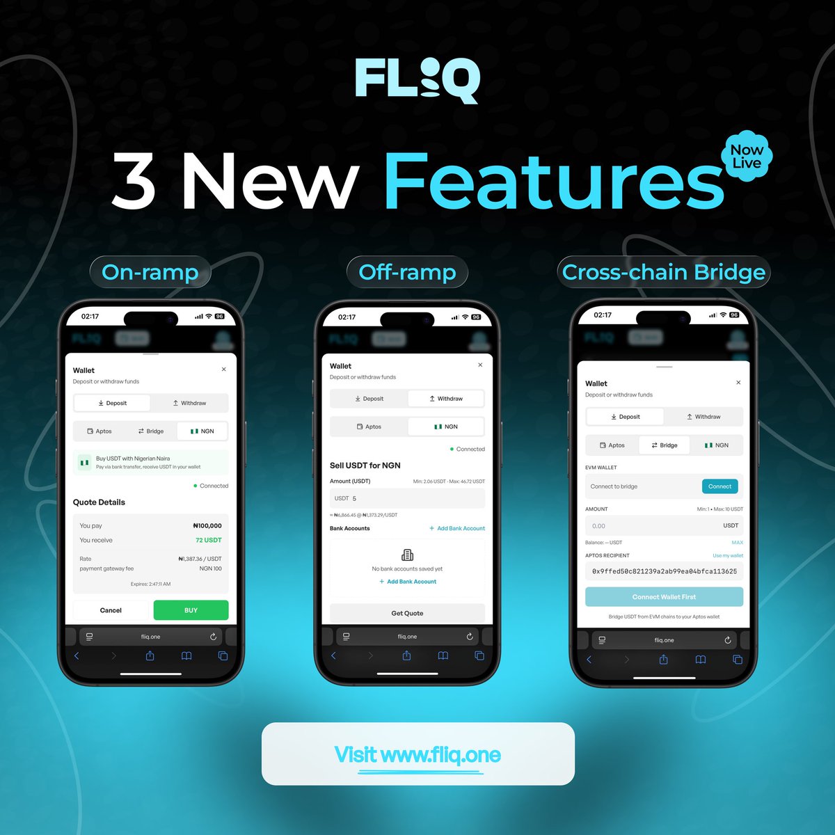3 New Features Now Live on Fliq!🔥

We’ve now fully rolled out On-Ramp, Off-Ramp, and Cross-Chain Bridging.
All designed to make trading faster, cheaper, and easier for everyone, including first-time users.

With On-Ramp: You can fund your account directly with NGN and receive