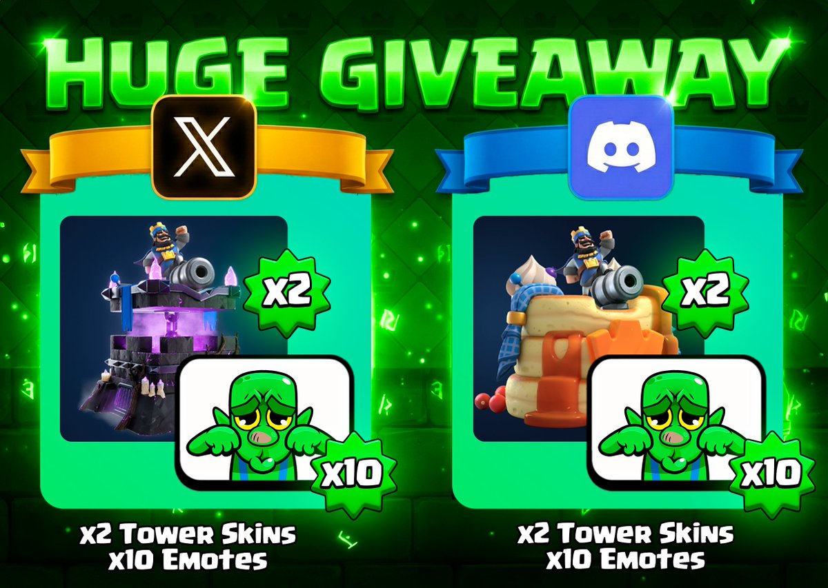 🎁 x24 Winner Clash Royale Giveaway 🎁

x20 Emotes &amp; x4 Tower Skins

Requirements:
💘 Follow <a href="/Dcmat/">Dcmat</a>
🔁 Retweet / Repost
👥 Join discord.gg/Dcmat and participate in the other 50% of the giveaway.
💭 Comment

Winners in 96 hours 🍀