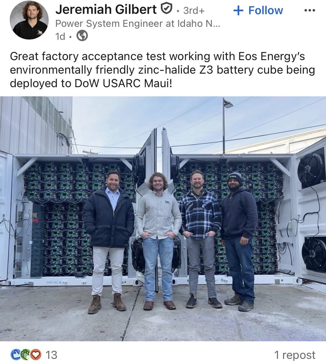 $EOSE

Idaho National Labs will test the Eos Z3 performance in humid marine environments to support wider military applications.
