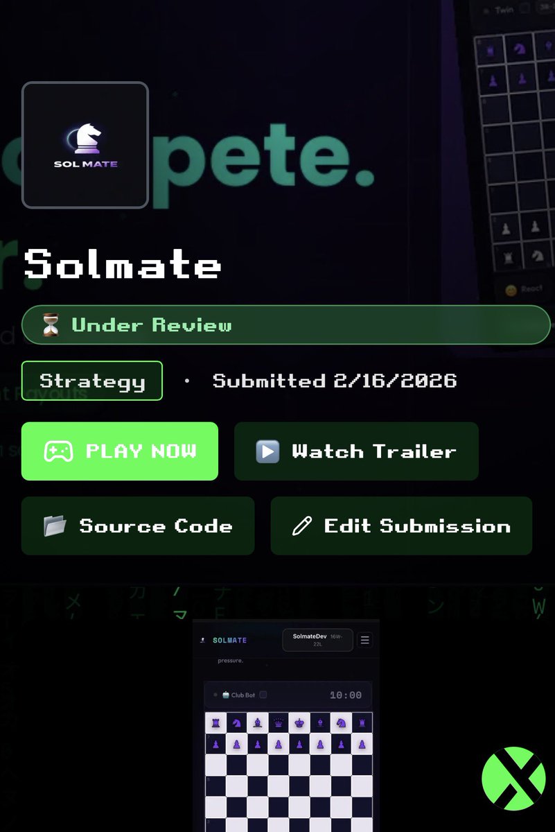 I just submitted <a href="/SolMateChess/">Sol Mate</a> into the <a href="/playsolana/">Play Solana | PSG1</a> Matrix hackathon! 

Thank you guys for the opportunity. Good luck to everyone!