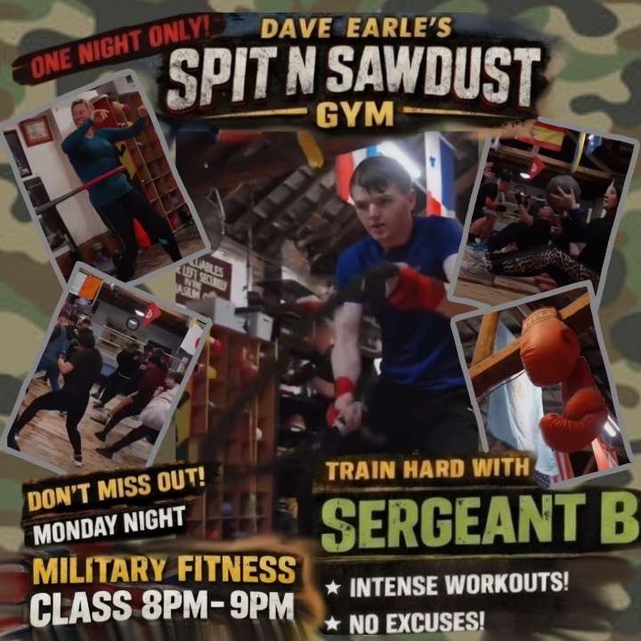 b_cox82official's tweet photo. TONIGHT ONLY 

Sergeant B takes over Steve’s Military inspired fitness class at Dave Earle’s Spit N Sawdust. 

Fancy a high intensity workout? Then come on down and find your limits tonight! 

#bcox82 #SpitNSawdust #Fitness https://t.co/oHETDt7Mlm