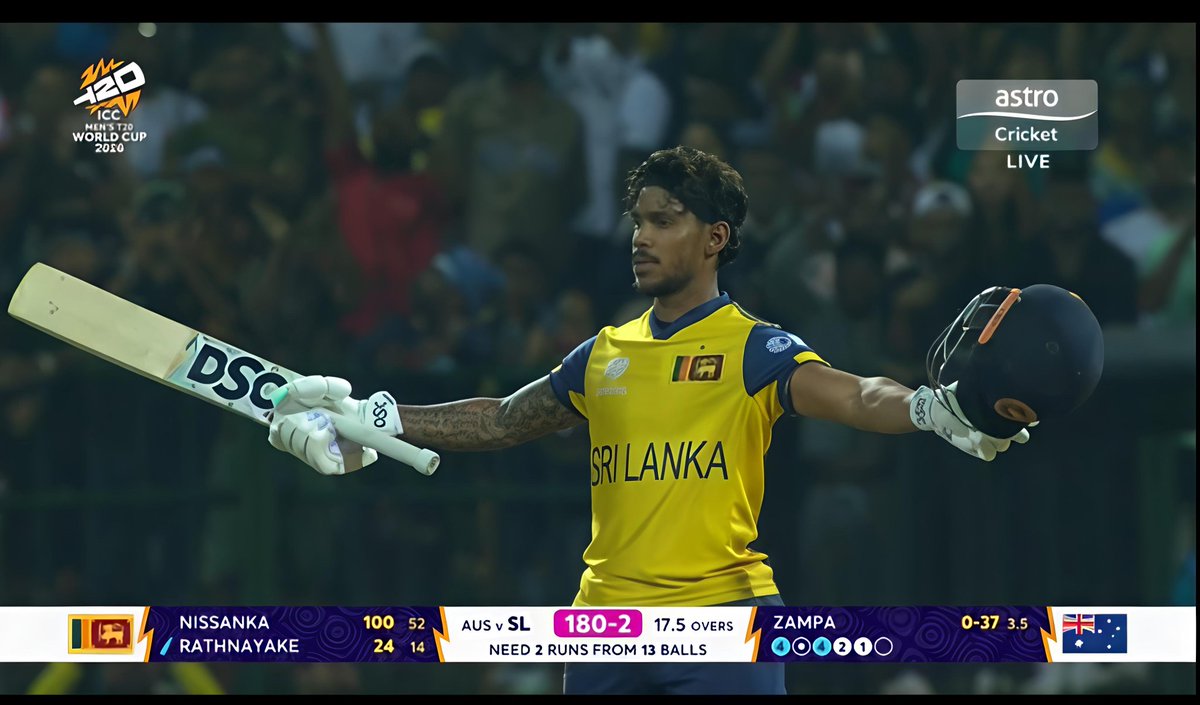 MR_jaats's tweet photo. A peak satisfactions...
Pathum Nissanka Well Done and Dusted.🔥🔥
Here's the first  hundred of 🩷
#ICCMensT20WorldCup2026 .
#AusVsSL
 First 100* of the tournament by Pathum Nissanka.(astro cricket ) https://t.co/IOJeviDmcc