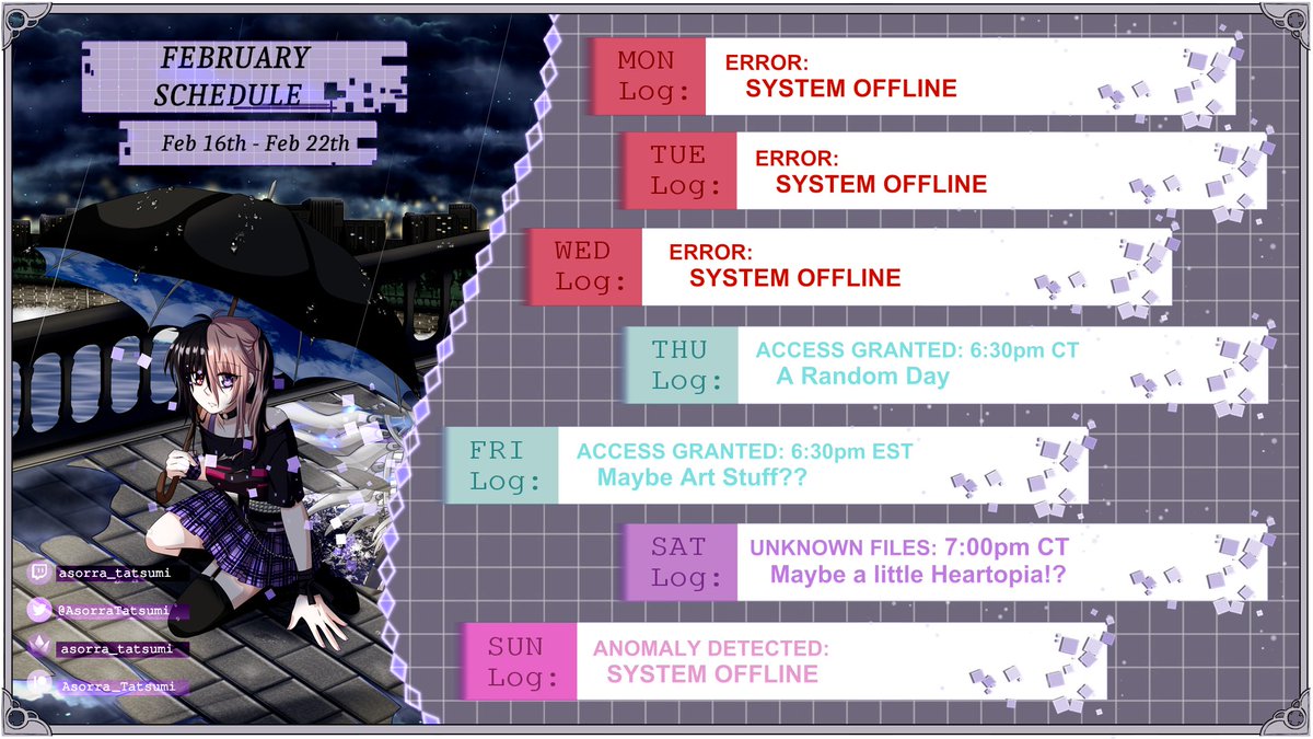 AsorraTatsumi's tweet photo. 🟪Stream Schedule is finally up!🟪
A little all over the place, but we'll make it work. Might actually have a handcam for Thursday so I hope you look forward to it!
#Vtubers #streaming #doingstuff https://t.co/GMAw37nOsR