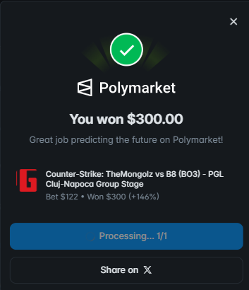 I just won 300.00 on <a href="/Polymarket/">Polymarket</a>!

I  L💙VE  Polyk!!!

Join me and put your money where your mouth is: poly.market/rgArAE3
