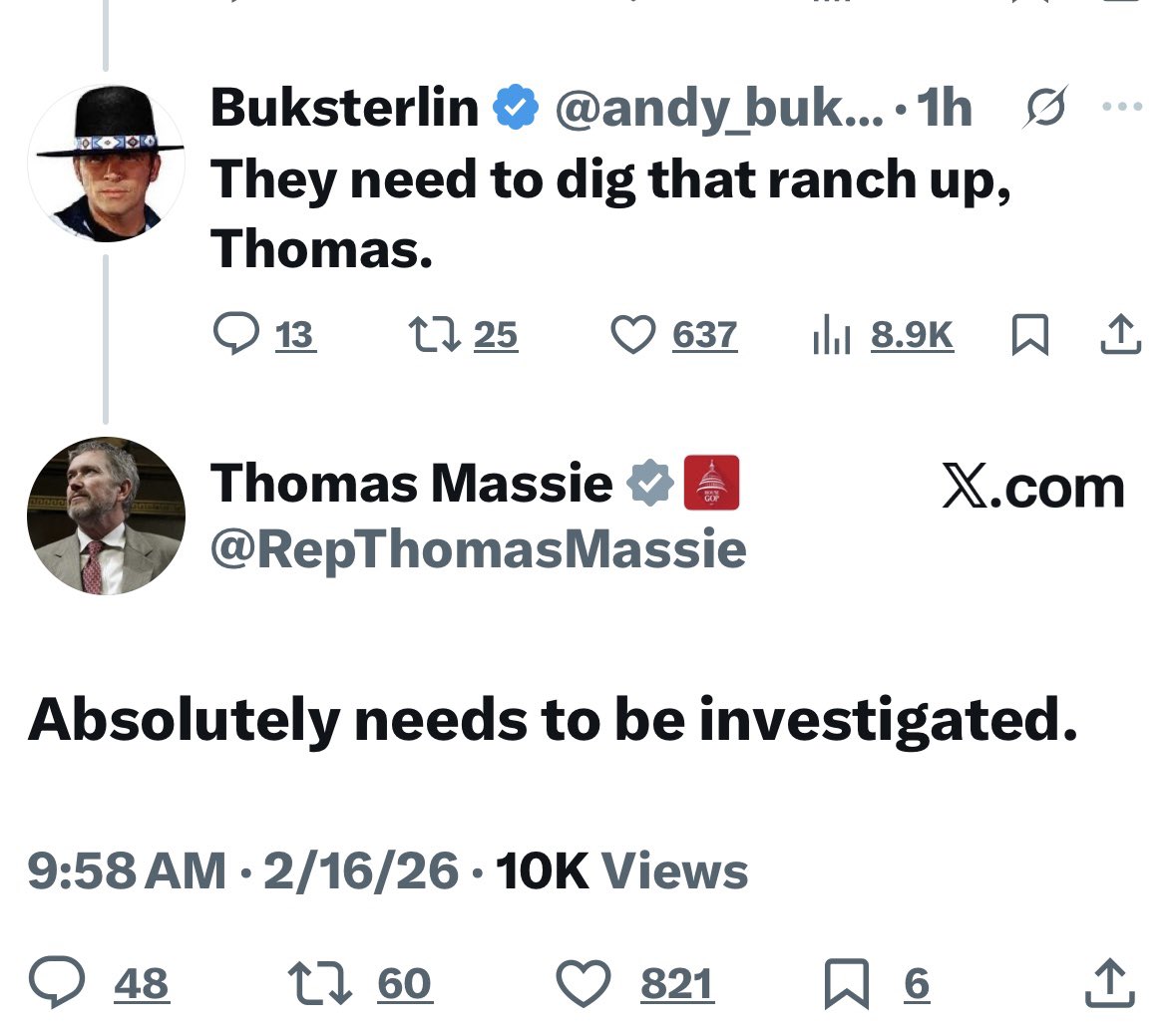 Great news!

<a href="/RepThomasMassie/">Thomas Massie</a> is now calling for the investigation of the Epstein Zorro Rape Ranch! 
<a href="/DiligentDenizen/">Diligent Denizen 🇺🇸</a> 
<a href="/MazeLove14/">Maze Love</a> 
<a href="/EscanorReloaded/">🔥Sir Escanor (𝘏𝘰𝘱𝘪𝘶𝘮 𝘚𝘭𝘢𝘺𝘦𝘳)🔥</a> 
<a href="/GenghisMFKhan/">Genghis Khan</a> 
<a href="/redbeard172023/">Creditor</a> 
<a href="/g0dfr0y/">Godfroy</a> 
<a href="/RockyRaccoon222/">𝓡𝓪𝓬𝓱𝓮𝓵 🦝</a>