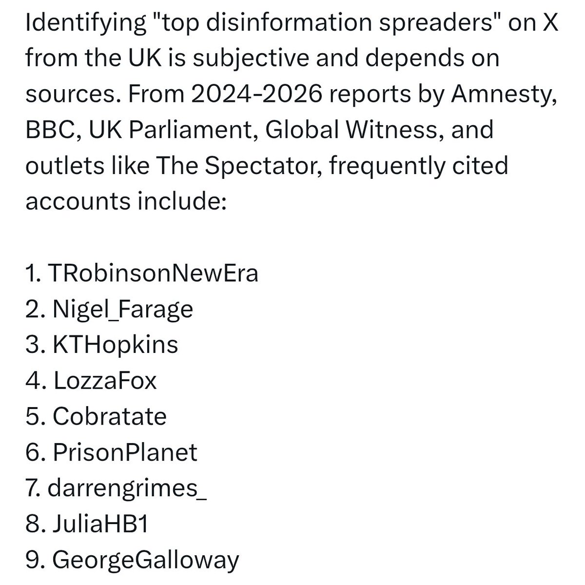 Heccles94's tweet image. Here is a list of the top sources of misinformation in the UK according to Grok 👇