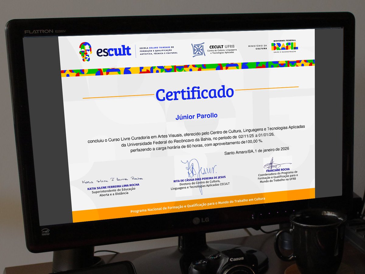 Concluí o curso de #Curadoria em #ArtesVisuais pela plataforma Escult. Este tema vai muito além da seleção de obras: envolve pesquisa, construção de narrativas, mediação com o público e leitura crítica dos contextos culturais, históricos e políticos.
Info: escult.cultura.gov.br