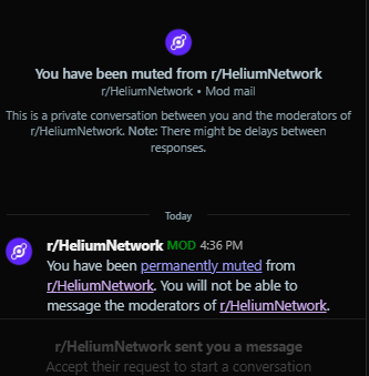 feralfeather's tweet photo. If you only speak up a little in the @helium @Reddit you get muted, even if it does not break any of their rules.

#Censorship #Blockchain #web3 https://t.co/Mqbt746JNW