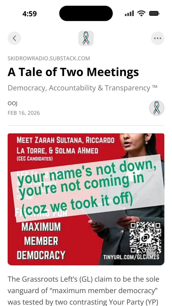 VeritasPrimor's tweet image. New Substack: A Tale of Two Meetings

The #GrassrootsLeft and #TheManyYP Cambridge launch events showed contrasting commitments to Democracy, Accountability &amp;amp; Transparency™
#YourParty 
 open.substack.com/pub/skidrowrad…