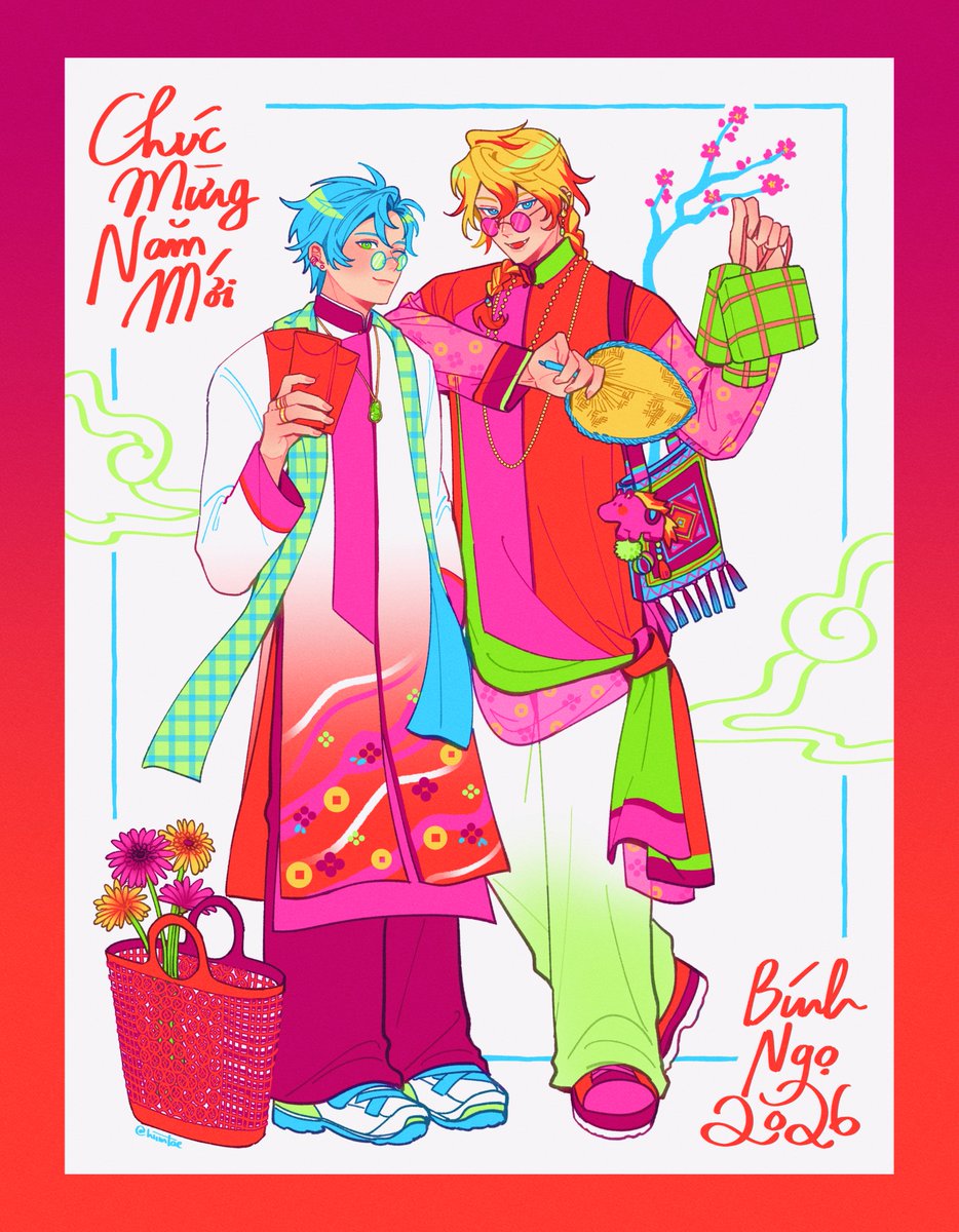 🎆Chúc mừng năm mới! Happy Tết holiday and Lunar New Year to those who celebrate🧧come get your lì xì, bánh chưng, bánh tét🥰
its been awhile i do neon color lol but anyway, drawing my kamioshis in modernized áo dài for the occasion! #WorkofAlt #Artxel