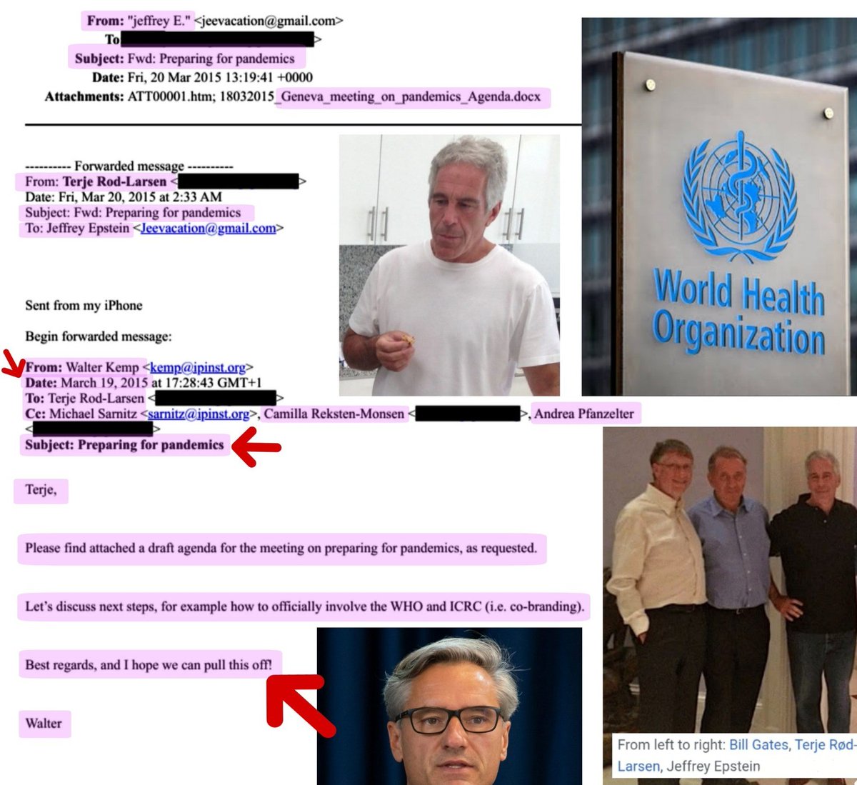 🇺🇸‼️ARQUIVOS EPSTEIN: Um e-mail de março de 2015 mostra Epstein em uma conversa sobre preparação para pandemias. Sim, "preparando-se para pandemias" 5 anos antes da chegada da COVID.

Eles estão discutindo como envolver oficialmente a OMS. Walter Kemp, um compositor musical,