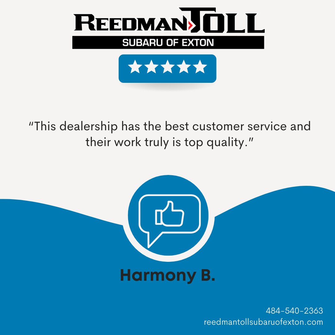 RTSubaruExton's tweet photo. "This dealership has the best customer service and their work truly is top quality."

#reedmantoll #subaru #subielove #reedmantollsubaru #extonpa #review #customerreview #testimonial #fivestar https://t.co/rfqmYAsCNt