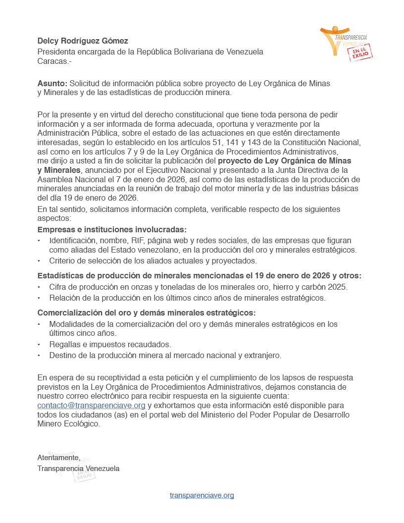 Transparencia Venezuela ratifica las solicitudes de información que ha remitido a la presidenta encargada, Delcy Rodríguez, sobre el contrato de exportación de Gas Licuado de Petróleo (GLP) el 16 de enero de 2026 y la referida a la producción de oro y minerales estratégicos