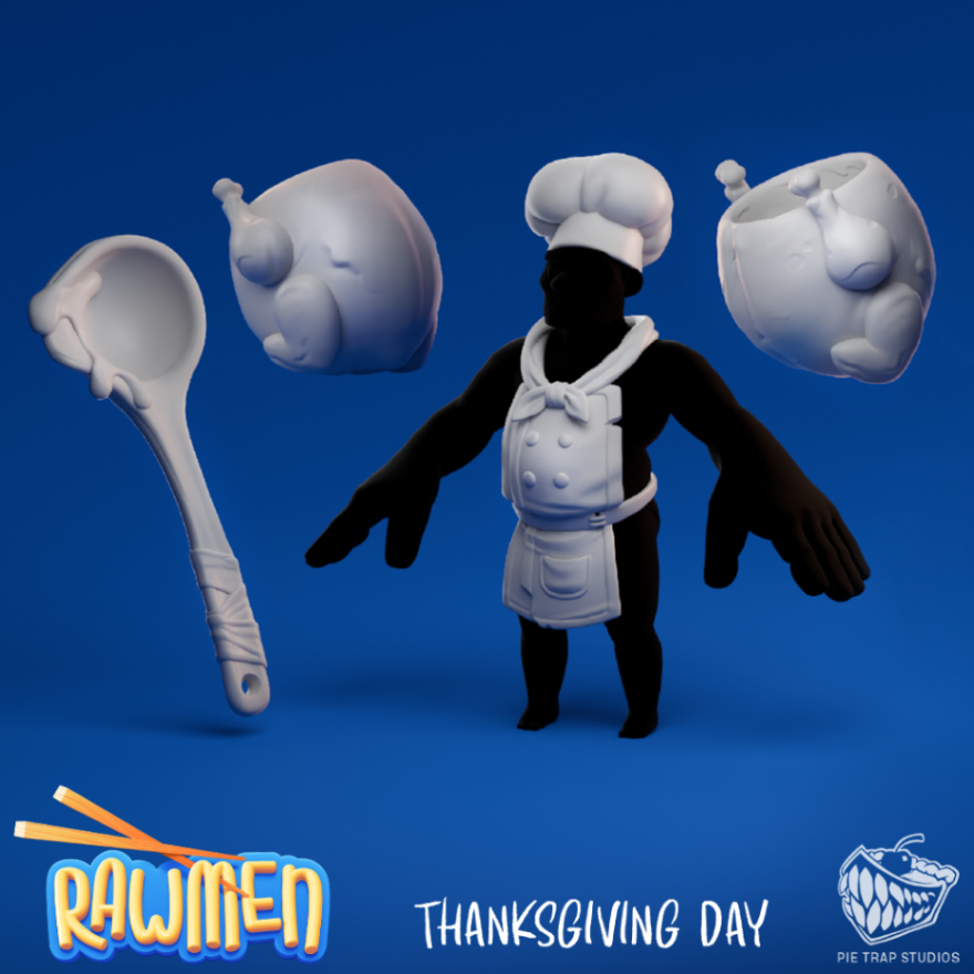 pietrapstudios's tweet photo. Rawmen Thanksgiving skin highpoly sculpt: chef character with a turkey pot and gravy ladle. Seasonal cosmetics are the best kind of weird. 🦃 #Rawmen #CharacterArt #GameDev https://t.co/DBFOVKGyRA