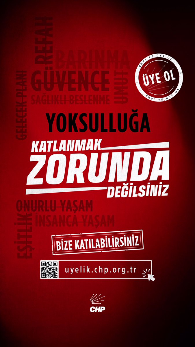 Her sabah işe gidiyorsun…
Ama ay sonu bir türlü gelmiyor.

Markette aldığını yerine bırakıyor,
evladının gözlerine mahcup bakıyorsun.

Sorumlusu olmadığınız bu adaletsiz düzene #KatlanmakZorundaDeğilsiniz

Bize katılabilirsiniz.
uyelik.chp.org.tr