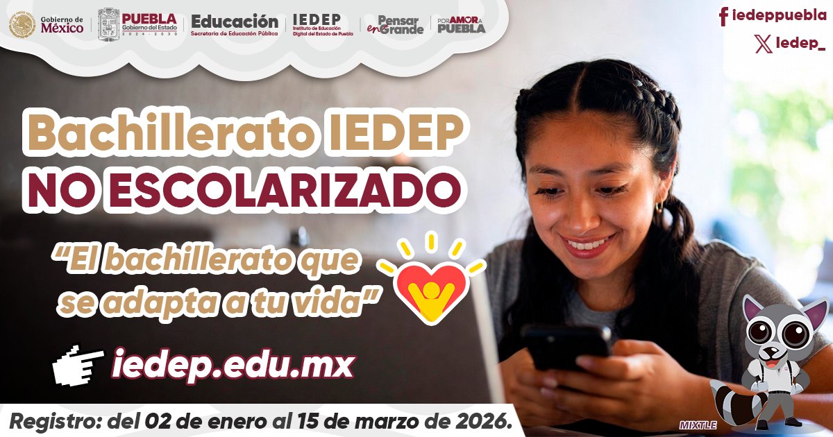 Construye nuevas oportunidades para #PensarEnGrande, una alternativa flexible que impulsa tu desarrollo académico con respaldo del <a href="/Gob_Puebla/">Gobierno de Puebla</a>, el gobernador @Armentapuebla_ y la presidenta   @ClaudiaShein #PorAmorAPuebla.
📄 Consulta la convocatoria:      iedep.edu.mx/docs/CONVOCATO…