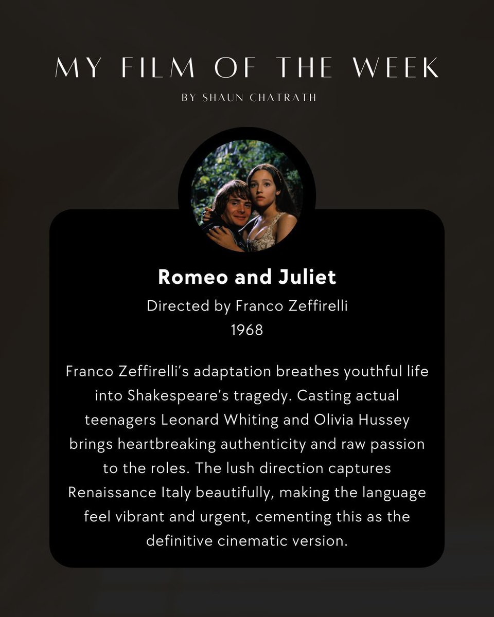 ChatrathShaun's tweet photo. Franco Zeffirelli’s adaptation breathes youthful life into Shakespeare’s tragedy. 

#filmoftheweek #movies #cinema #filmlover #filmenthusiast #movie #film https://t.co/oExCkG5mQM