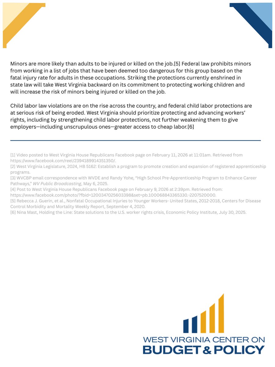 HB 4005 would increase risk for WV's working children by largely eliminating state-level protections defining hazardous occupations too dangerous for all minors to work in. 

Our new fact sheet dispels some myths circulating about the bill as it moves through the legislature.