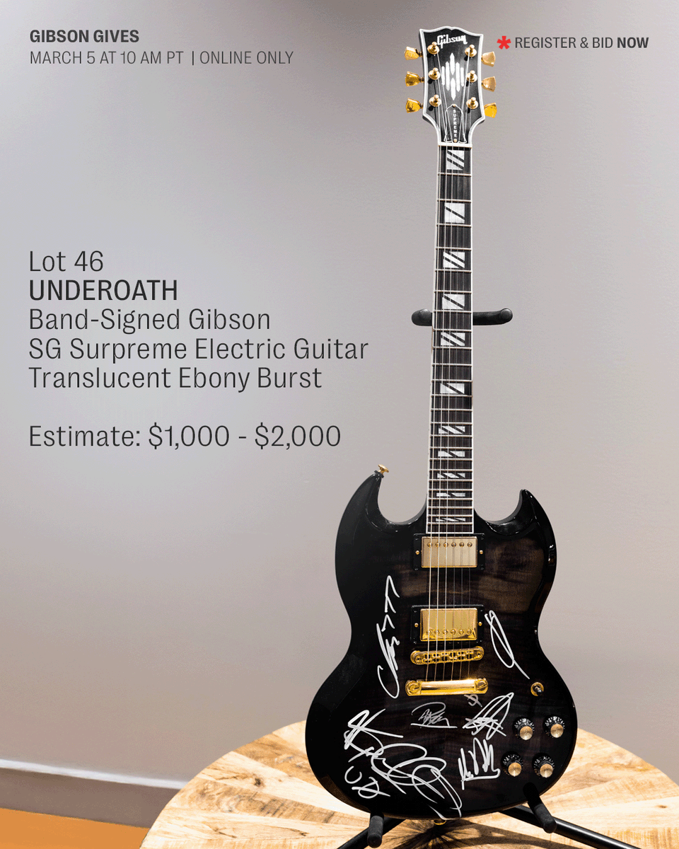 JuliensAuctions's tweet photo. @UnderoathBand is partnering with Gibson Gives, the philanthropic division of @gibsonguitar dedicated to supporting musicians worldwide through music education, health, and wellness initiatives.

Open for bidding: a Gibson SG Supreme electric guitar signed by the band.
Join us Thursday, March 5 at 10 am PT at https://t.co/fzuNKO6Btg and be part of the mission to keep music education thriving.

Proceeds from this sale will directly benefit the Gibson Gives & FirstBank Amphitheater Music Education Program, supporting music education for students in Williamson County Schools in Tennessee.

Register & Bid
Link in Bio

#JuliensAuctions #GibsonGives #FirstBank #Underoath #Auction