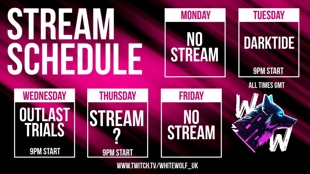 🔥 THIS WEEK! 🔥
Tuesday - We've got more Darktide to look forward to
Wednesday - Outlast Trials chaos!
Thursday - Unsure what game yet, maybe Skull and Bones, maybe Division 2? 🤔
Hope to see you there! ❤️
🔗 twitch.tv/WhiteWolf_UK 
#twitch #streamer #twitchstreamer