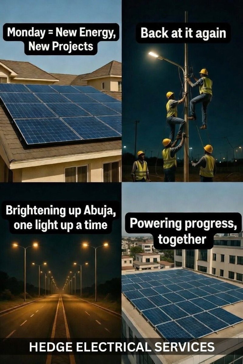 _bon2win's tweet photo. @Morris_Monye Good Monday, everyone.

A new week means fresh opportunities to deliver reliable, sustainable energy solutions across Abuja and beyond.

At Hedge Electrical Services, we remain committed to:

•  Quality solar street lighting installations
•  Long-term performance &amp; maintenance https://t.co/dL1h8FlhKn