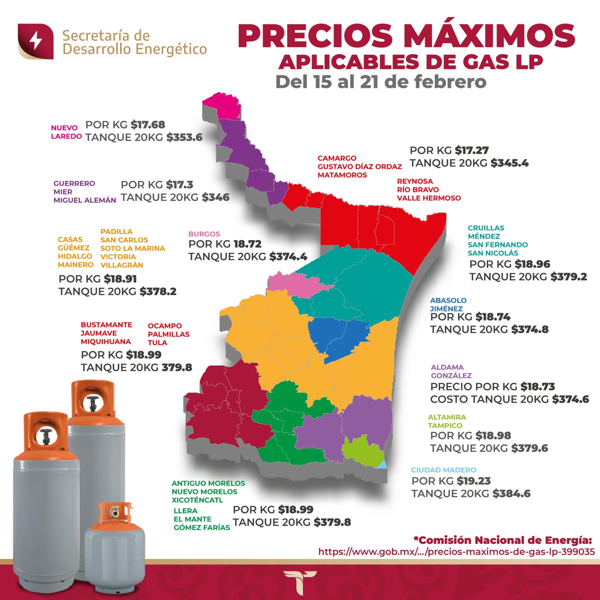 #InformaciónEnergética | Te compartimos el mapa de precios de Gas LP para nuestro estado, vigentes en la semana del 15 al 21 de febrero. ⚡

La información puedes consultarla en la página de la Comisión Nacional de Energía.

🖥️ gob.mx/cne/articulos/…

#SEDENER #Tamaulipas