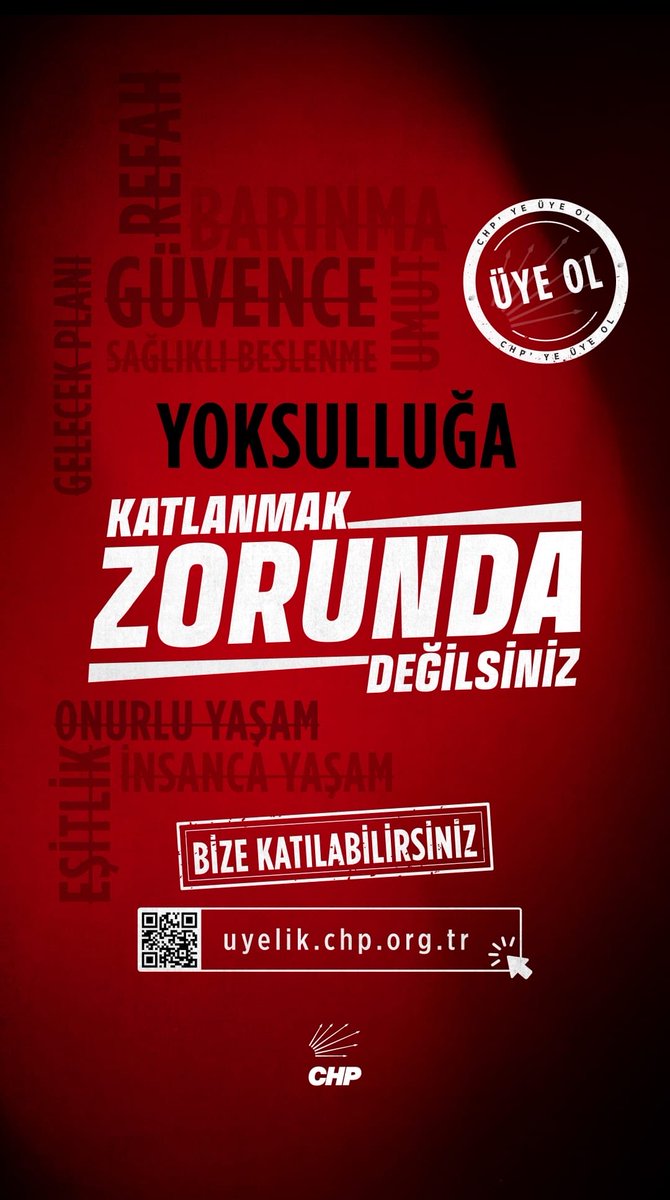 Her sabah işe gidiyorsun…
Ama ay sonu bir türlü gelmiyor.

Markette aldığını yerine bırakıyor,
evladının gözlerine mahcup bakıyorsun.

Sorumlusu olmadığınız bu adaletsiz düzene #KatlanmakZorundaDeğilsiniz

Bize katılabilirsiniz.
uyelik.chp.org.tr