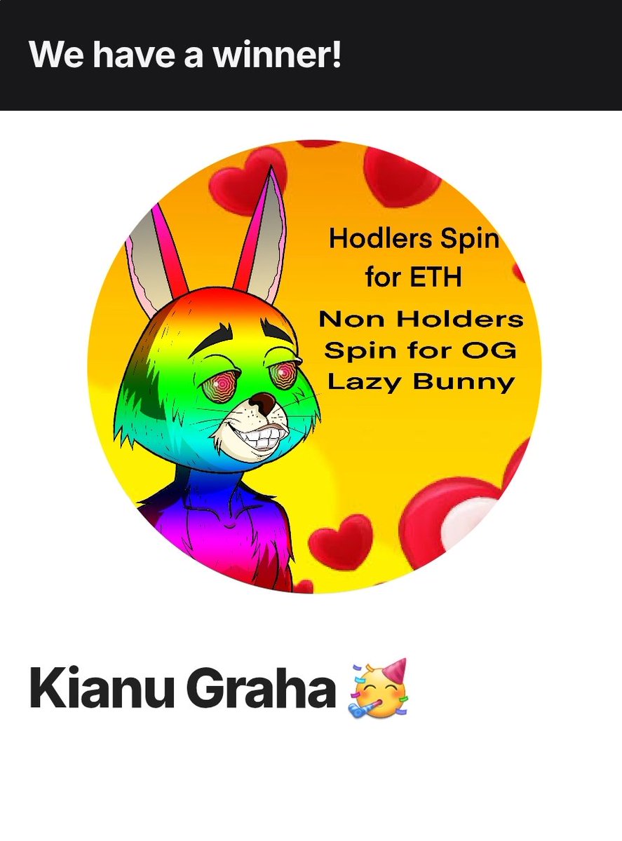 TheLazyBunnyNFT's tweet photo. Congratulations to @dunky241 &amp; @kianu_graha  for winning the V-Day Giveaways. You two and a handful of others followed the 4 prompts: Like, Follow, Repost and Tag 2. Hop in discord/or shoot a DM to claim prize(s). 
#LB4L LAZYBUNNY4LIFE https://t.co/n34xKLqxdZ