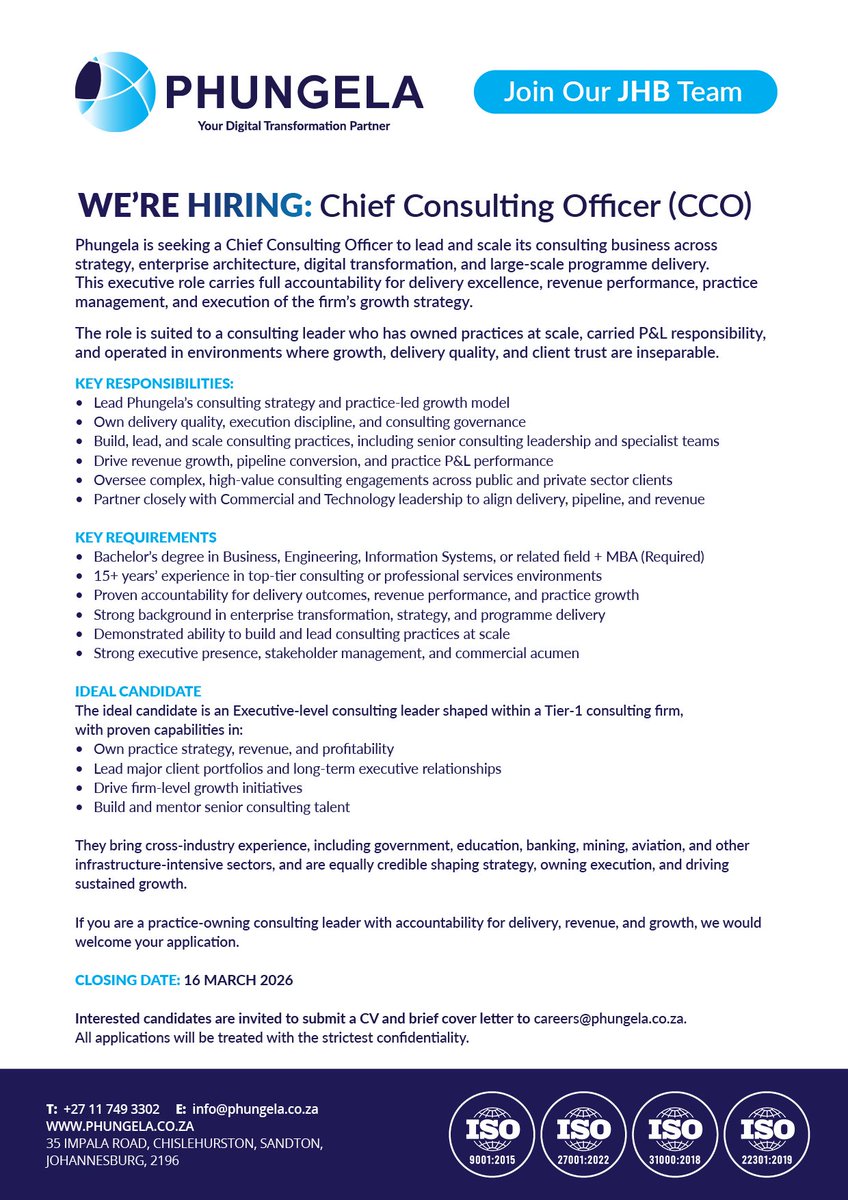 We’re Hiring: Chief Consulting Officer | (CCO)

Lead digital transformation &amp; growth at Phungela. Consulting leader wanted for high-impact programmes.

📍JHB
📅 16 Mar
careers@phungela.co.za

#Phungela #Consulting