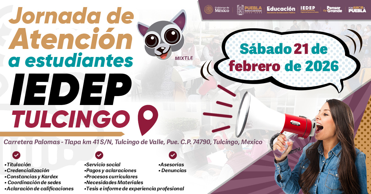 #ComunidadIEDEP   | ¡Ya estamos en Tulcingo del Valle! Te esperamos para brindarte orientación y atención directa en trámites   académicos, titulación, pagos y servicio social.
Acércate, estamos listos para atenderte. #PensarEnGrande #PorAmorAPuebla   <a href="/Gob_Puebla/">Gobierno de Puebla</a>  ✨
