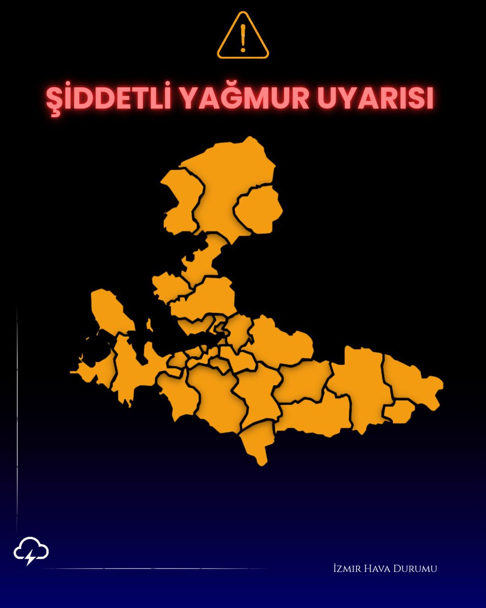 ŞİDDETLİ YAĞMUR UYARISI ⚠️ 

Uyarı Kapsama Alanı: 16 Şubat Pazartesi 22.00 - 18 Şubat Çarşamba 06.00 

Uyarıyı yakınlarınızın bilgilenmesi için paylaşmayı unutmayınız. 

🟠 İzmir'in tüm ilçeleri 

🟠: Uyarı saat aralığında şiddetli gök gürültülü sağanak yağmur beklentimiz var.