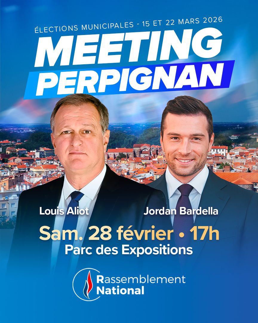 🔵 Avec <a href="/louis_aliot/">Louis Aliot</a>, nous vous attendons nombreux le samedi 28 février à partir de 17h00 pour notre grand meeting des élections municipales à Perpignan !

Inscriptions ici ➡️ my.weezevent.com/meetingRN-perp…