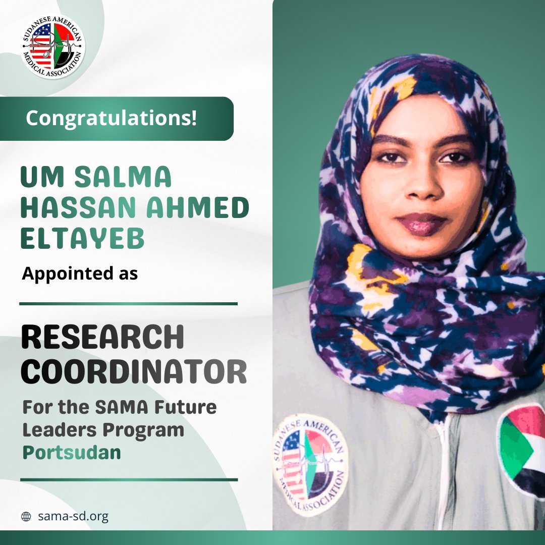 SudAmeriMedAsn's tweet photo. Announcing Um Salma Hassan Ahmed Eltayeb as Research Coordinator – Port Sudan for SAMA's Future Leaders Program.
We look forward to her contributions in advancing a structured, ethical, and mentored research ecosystem for SAMA’s emerging leaders.
#knowledgewithoutbarriers https://t.co/SMI2cU26X1