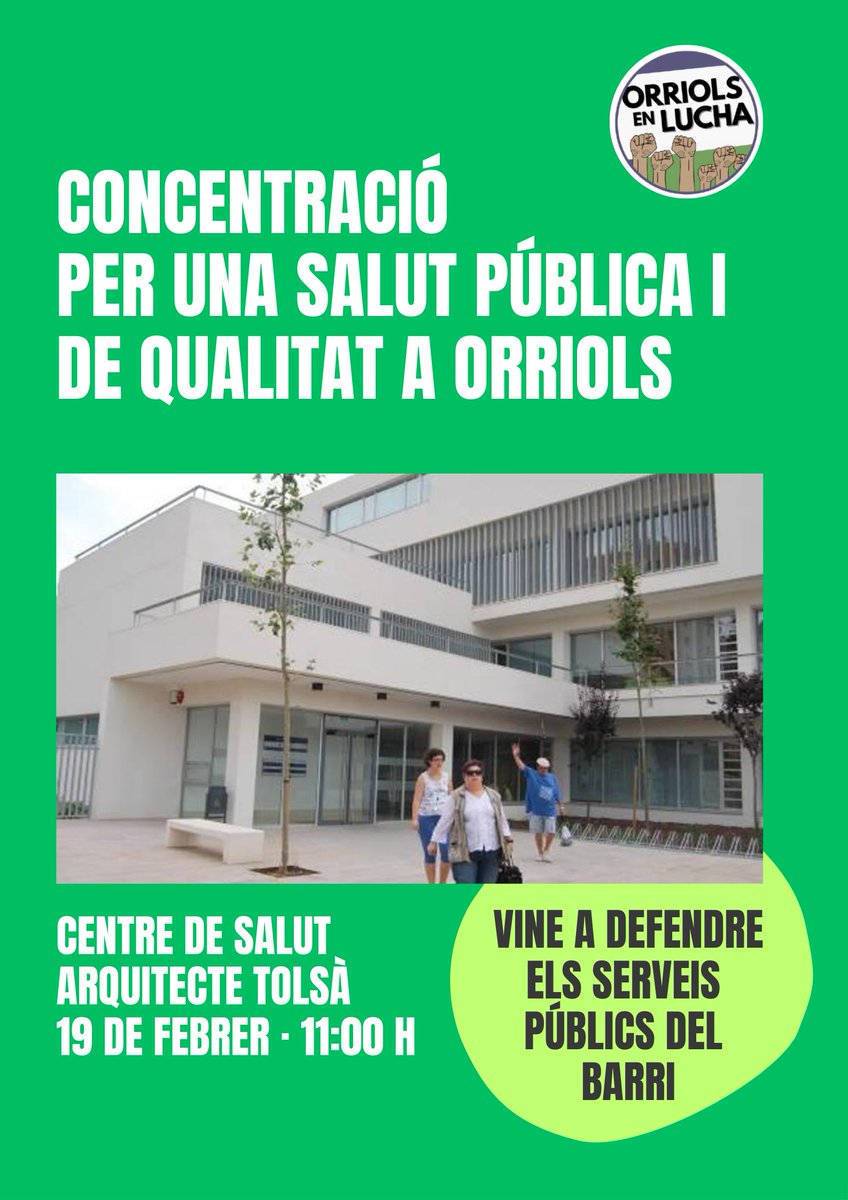 La salut no pot dependre del codi postal. Defensar l'atenció primària és defensar la vida quotidiana del barri.
 
 📅Dijous 19
 ⏰ 11:00h
 📍Centre de Salut d’Arquitecte Tolsà
 
 #OrriolsEnLluita #SanitatPública #DefensemLaPrimària #LaSalutNoEsVen
