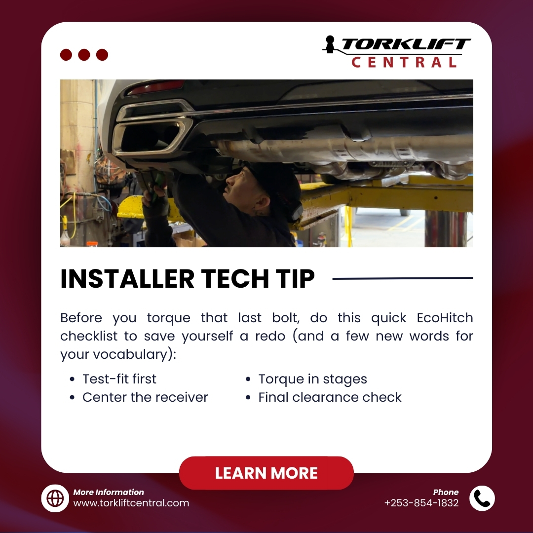TorkliftCentral's tweet photo. Installer Tech Tip.
Loosely start ALL hardware, center/level the receiver, then torque in stages (not one side at a time). Finish with a clearance check near exhaust/heat shields. Clean install = happy customer.
#EcoHitch #InstallerTips #TechTip #TrailerHitch #TorkliftCentral https://t.co/HzwJDFm6i8