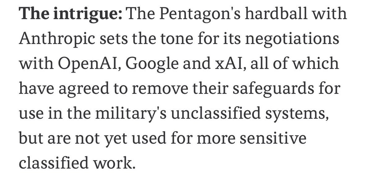 this has been leaking for a week in a very transparent way 

the government is upset one of its contractors is saying “we don’t want you to use our tools to surveil US citizens without guardrails” 

more interesting to me is how all the other AI companies don’t seem to care