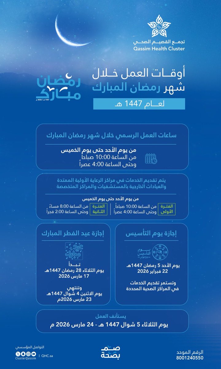 AskJusur's tweet photo. تنبيه لمنسوبي تجمع القصيم الصحي وتجمع الشرقية الصحي ضمن التجمعات المنتقلة للصحة القابضة

دوام رمضان 1447هـ
الأحد الى الخميس 10:00 صباحا الى 4:00 عصرا

للمراكز الممتدة والعيادات الخارجية حسب حاجة العمل
فترتين 10:00 صباحا الى 4:00 عصرا
و 8:00 مساء الى 2:00 فجرا

إجازة يوم التأسيس
الأحد 5 رمضان 1447هـ الموافق 22 فبراير 2026م

إجازة عيد الفطر
من الثلاثاء 28 رمضان 1447هـ الموافق 17 مارس 2026م
الى الاثنين 4 شوال 1447هـ الموافق 23 مارس 2026م
استئناف العمل الثلاثاء 5 شوال 1447هـ الموافق 24 مارس 2026م

احفظها وشاركها مع زملاءك

#منسوبي_الصحة #الصحة_القابضة #التحول_الصحي
