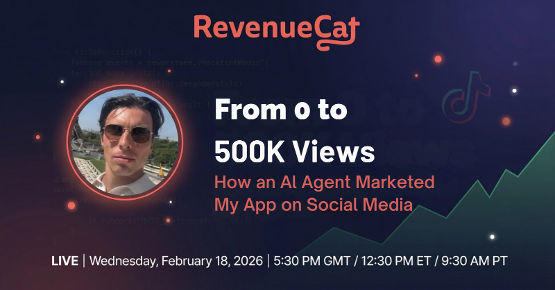 RevenueCat's tweet photo. Oliver Henry used a Claw agent to market his app on social media. He got 500k views in 5 days.

He’s breaking down the full stack LIVE.

Wed, Feb 18 @ 9:30 AM PT / 5:30 PM GMT

🔔 Set your reminder now