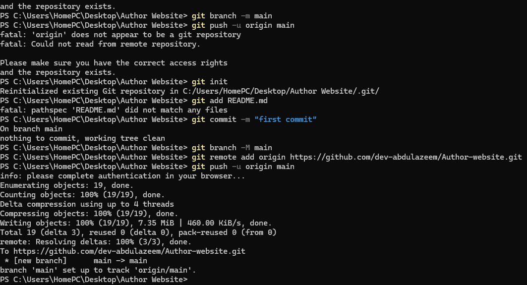 dev_abdul_azeem's tweet image. Just deployed my author website using Git and GitHub! 🚀 Took a few tries, but the first commit is finally live. #git #github #webdev #author
