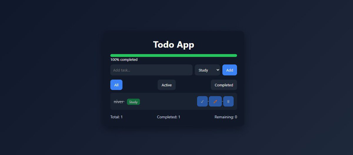 dev_abdul_azeem's tweet image. Day 4 of #100DaysOfCode: 
Built a fully functional todo app with a 

✅progress bar, 
✅task filters (All/Active/Completed)
✅real-time counters! 📝

Seeing that “100% completed” is so satisfying! 😄

#coding #javascript #webdev #todo