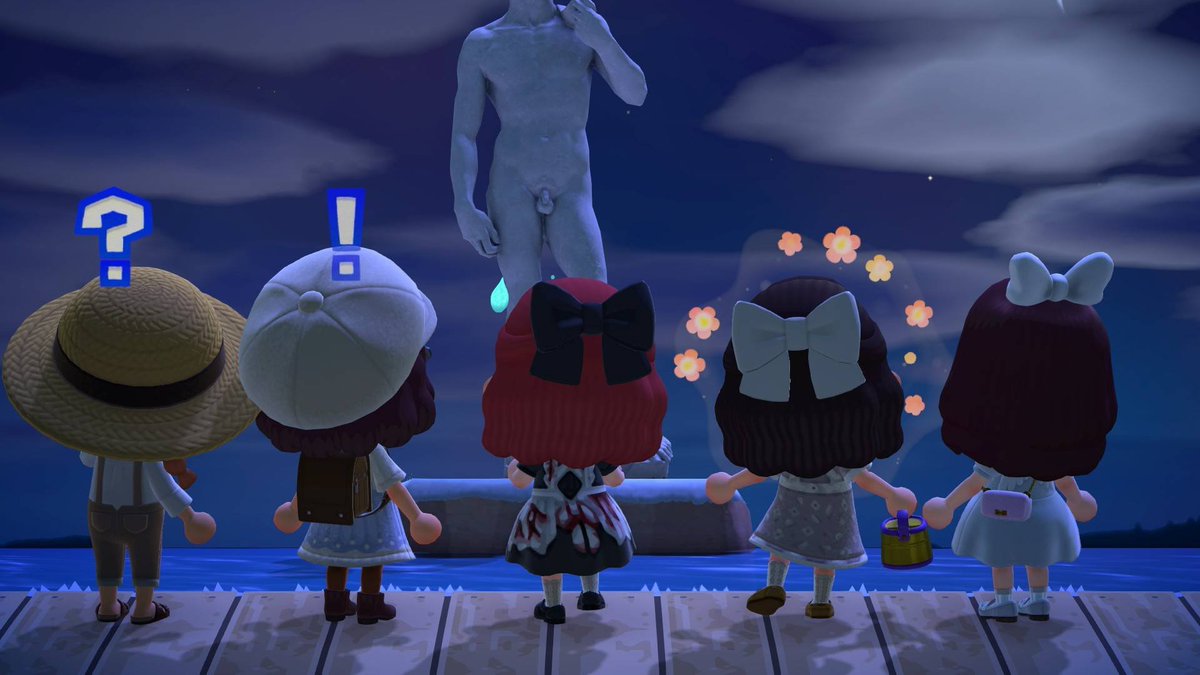 FantaJill's tweet photo. What do cozy gamers do when they meet up? Go on ACNH and look at this lovely statue... @onelazygamercat @aclumsy_pumpkin @fleurs_games @cozycax https://t.co/g2pUfHyisX