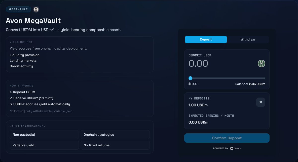 Avon Megavault is officially live.
Seamless deposits. Yield-bearing USDm.
Powered by <a href="/avon_xyz/">Avon</a>.
We’re just getting started.
#MegaETH #DeFi