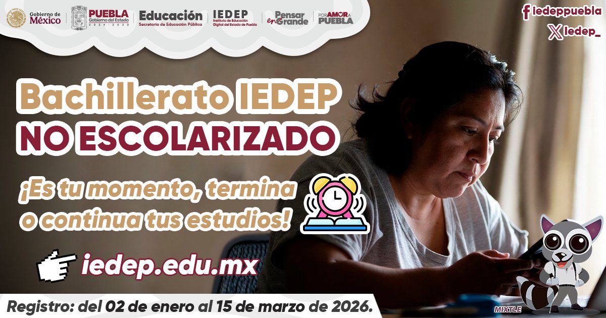 Es un buen momento para #PensarEnGrande y retomar tus metas. Conoce el Bachillerato no escolarizado y   avanza #PorAmorAPuebla con el respaldo   del <a href="/Gob_Puebla/">Gobierno de Puebla</a>, el gobernador @Armentapuebla_ y la presidenta   @ClaudiaShein.
    📄 Convocatoria aquí:
      iedep.edu.mx/docs/CONVOCATO…