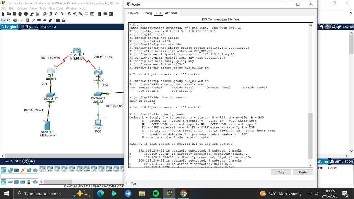 amyy_nwa's tweet photo. Day97/100 #100DaysOfNetworking
Configured the translation of the web server private IP address to a public one
Applied an extended ACL permitting only HTTP and ICMP traffic to the server.
Deployed an A-record on the DNS Server. @ireteeh @TemitopeSobulo @segoslavia https://t.co/gEAVtgfPEt