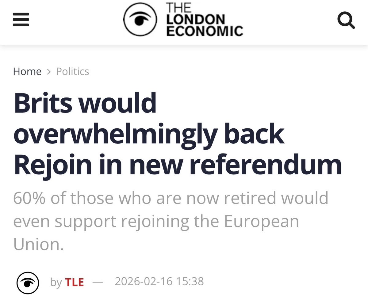 ⏰ polling shows 63–37 for rejoining EU among decided voters.

Even 60% of retirees would now vote to rejoin.

If a referendum were held tomorrow, a decisive rejoin majority would win.

thelondoneconomic.com/politics/brits…