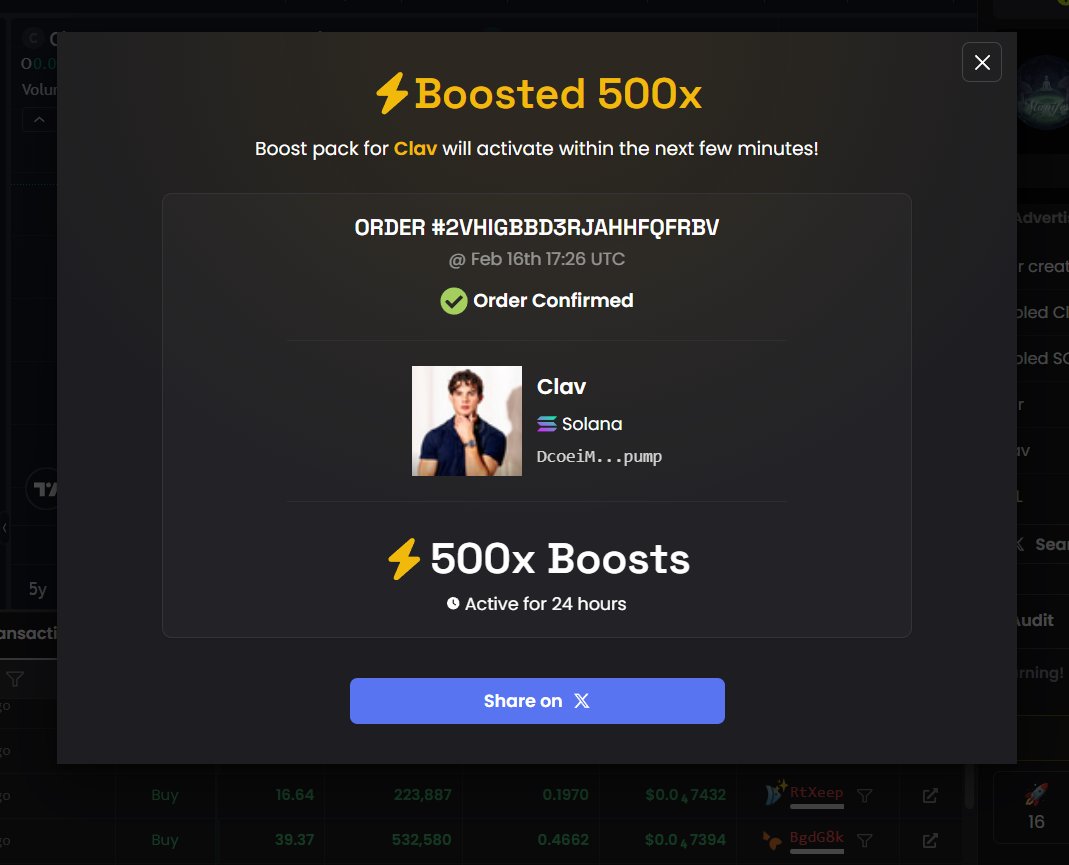 500x Boost added to dex lets focus on onboarding $Clav and getting him on stream 

DcoeiMpqBG23AU8Z8ribhGwr9PJenNh9bWXVpa1mpump
